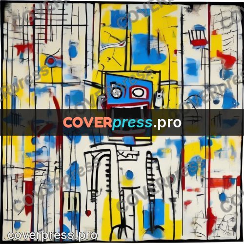 Basquiat style drawing: robot with a square head