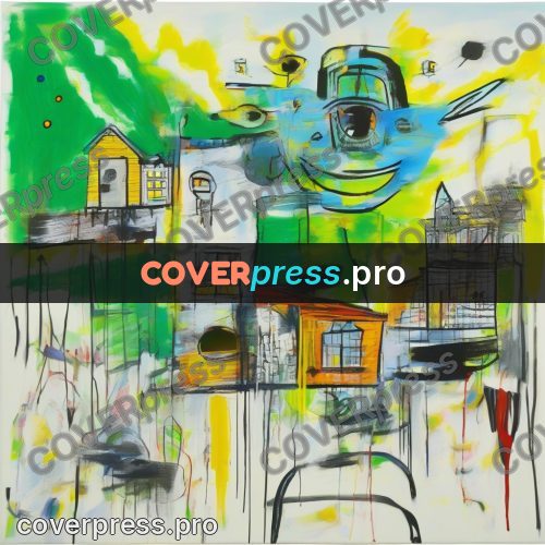 Basquiat style drawing: yellow house among greenery