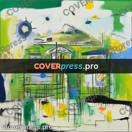 Basquiat style drawing: yellow house among greenery