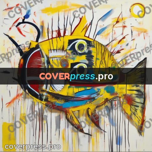 Basquiat style drawing: yellow fish with a round eye