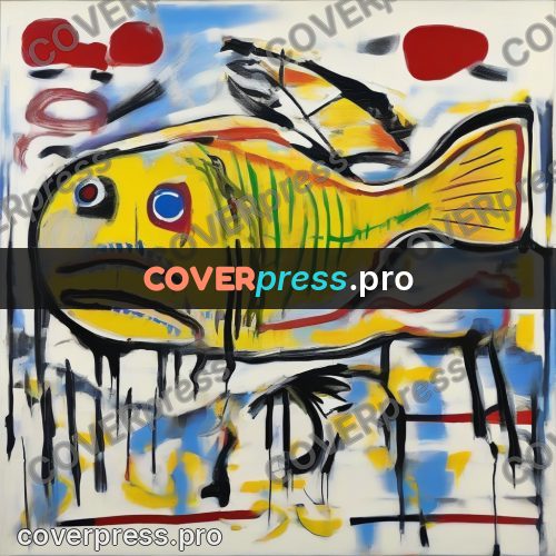 Basquiat style drawing: yellow fish with a round eye