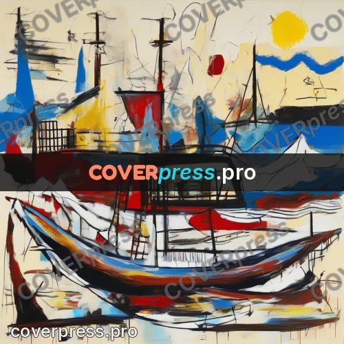 Basquiat style drawing: boats with masts by water