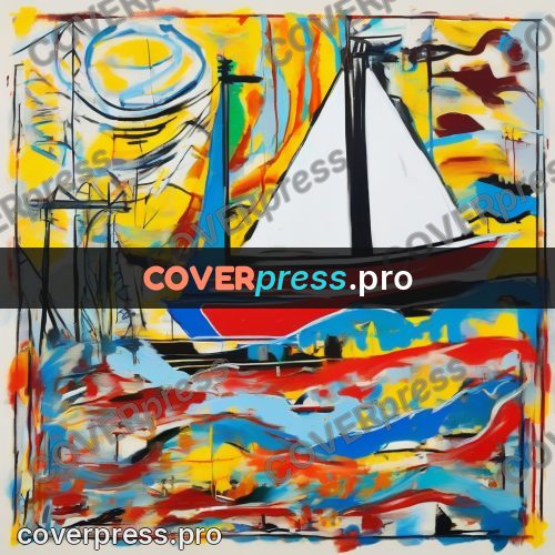 Basquiat style drawing: boats with masts by water