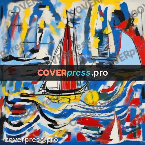 Basquiat style drawing: boats with masts by water