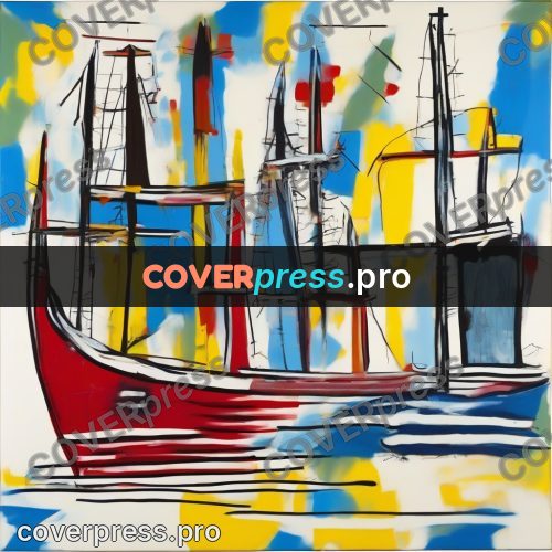 Basquiat style drawing: boats with masts by water