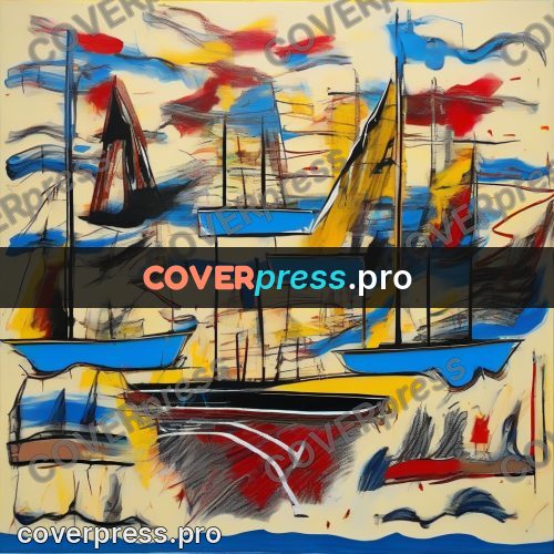 Basquiat style drawing: boats with masts by water