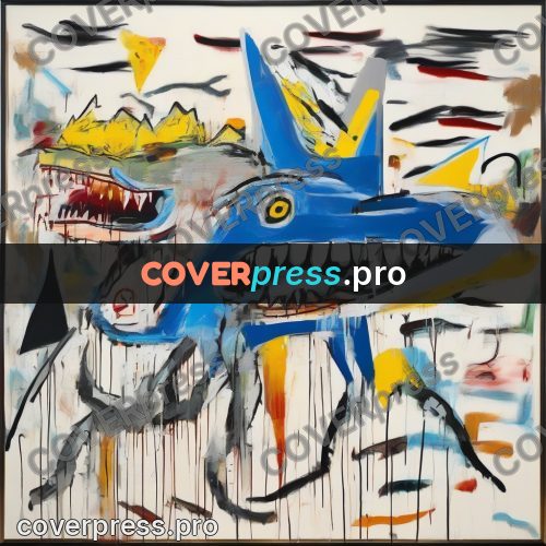 Basquiat style drawing: blue beast with teeth