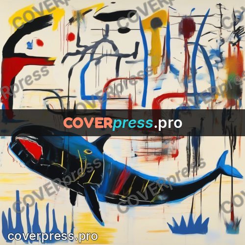 Basquiat style drawing: whale among blue strokes