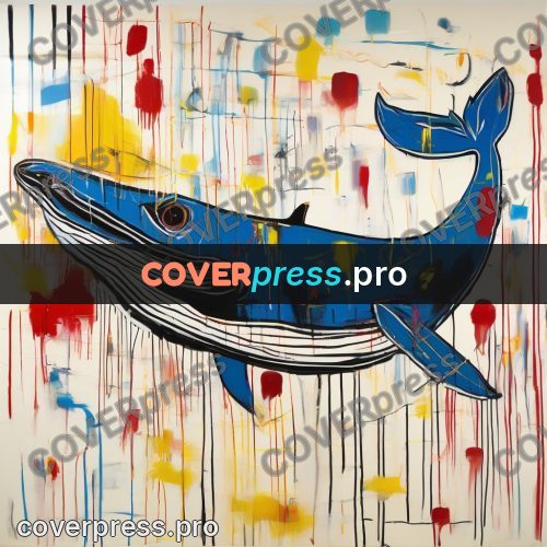 Basquiat style drawing: whale among blue strokes