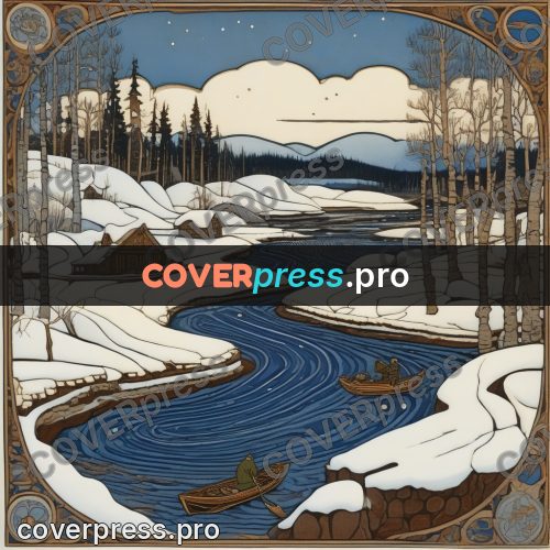 Bilibin style drawing: winter river in the ice