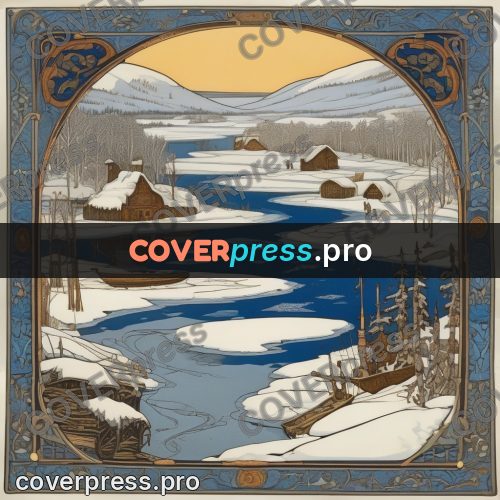 Bilibin style drawing: winter river in the ice