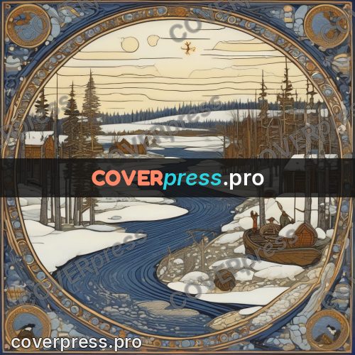 Bilibin style drawing: winter river in the ice
