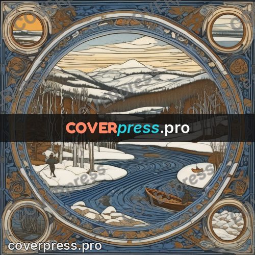 Bilibin style drawing: winter river in the ice