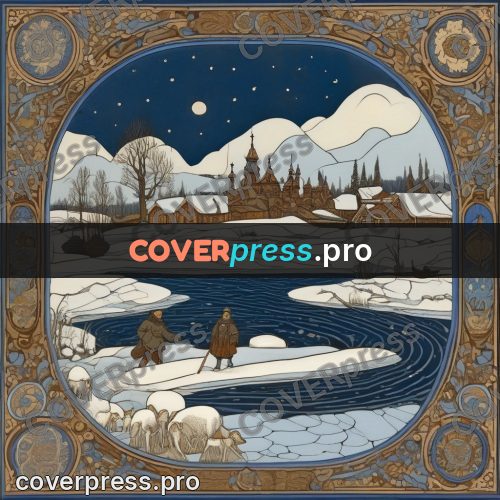 Bilibin style drawing: winter river in the ice