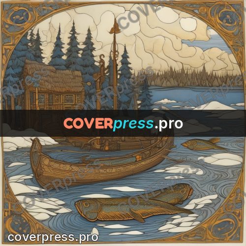 Bilibin style drawing: boat and fish on the ice