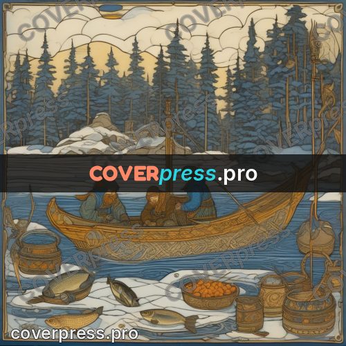 Bilibin style drawing: boat and fish on the ice