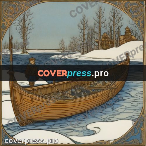 Bilibin style drawing: boat and fish on the ice