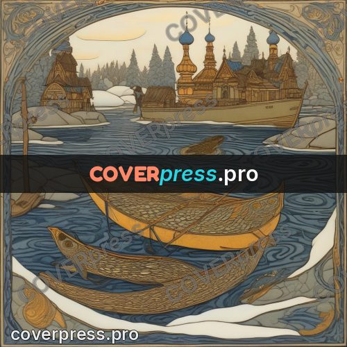Bilibin style drawing: boat and fish on the ice