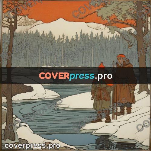 Bilibin style drawing: fisherman by an ice hole