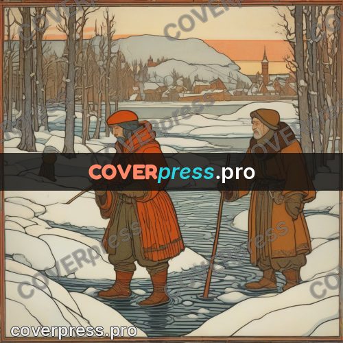 Bilibin style drawing: fisherman by an ice hole