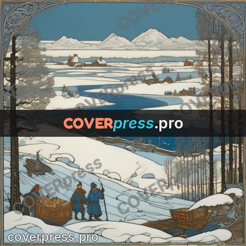 Bilibin style drawing: winter river by a village