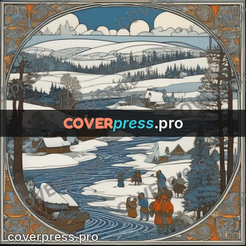 Bilibin style drawing: winter river by a village
