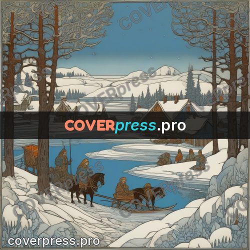 Bilibin style drawing: winter river by a village