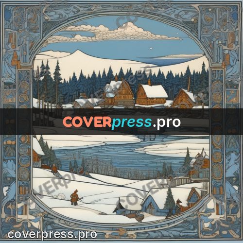 Bilibin style drawing: winter river by a village