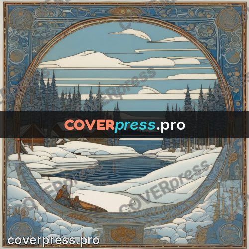 Bilibin style drawing: winter river by a village