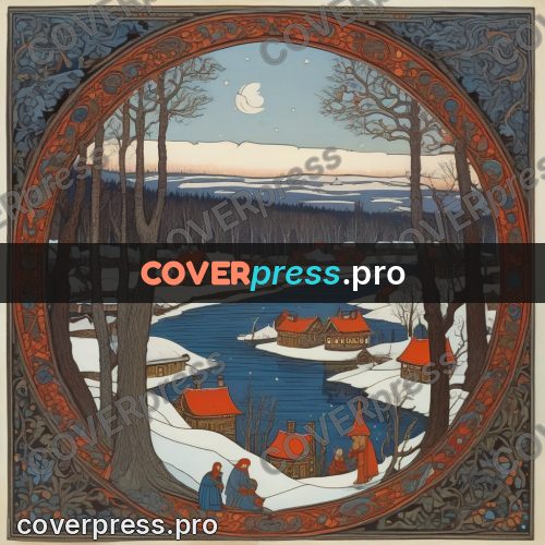 Bilibin style drawing: village in snow under the moon