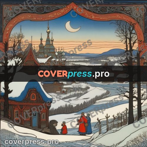 Bilibin style drawing: village in snow under the moon