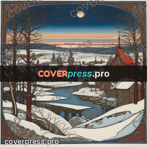 Bilibin style drawing: village in snow under the moon