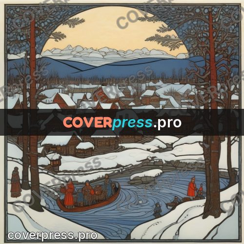 Bilibin style drawing: village in snow under the moon