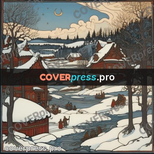 Bilibin style drawing: village in snow under the moon