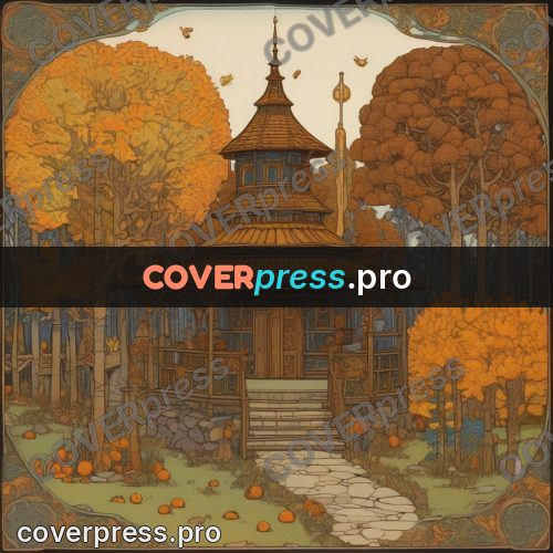 Bilibin style drawing: wooden tower house in a forest