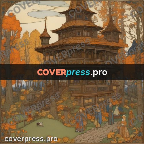 Bilibin style drawing: wooden tower house in a forest