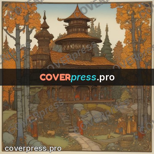 Bilibin style drawing: wooden tower house in a forest