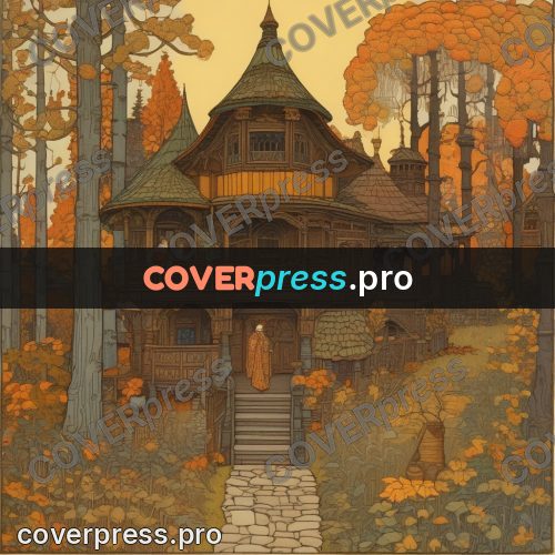 Bilibin style drawing: wooden tower house in a forest