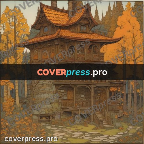Bilibin style drawing: wooden tower house in a forest