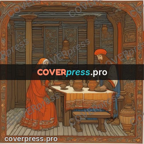 Bilibin style drawing: woman laying a table