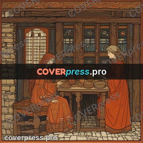 Bilibin style drawing: woman laying a table