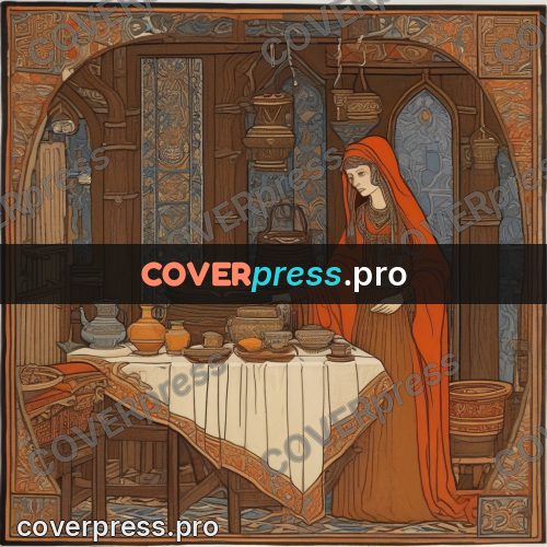 Bilibin style drawing: woman laying a table