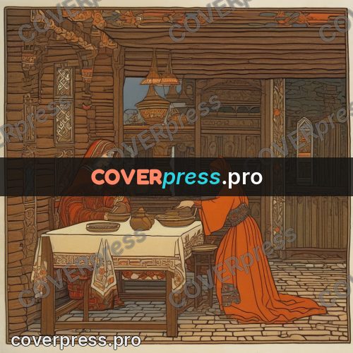 Bilibin style drawing: woman laying a table