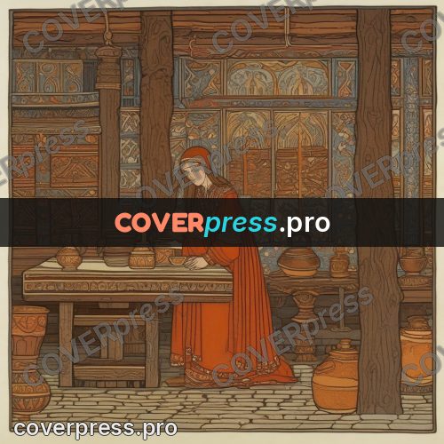 Bilibin style drawing: woman laying a table