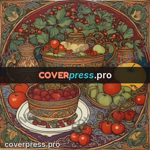 Bilibin style drawing: bowl of berries and a jug