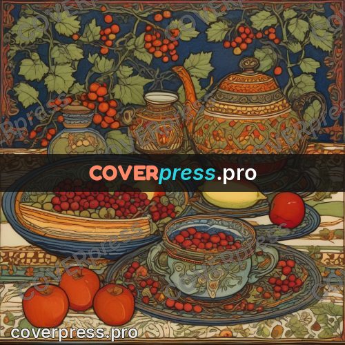Bilibin style drawing: bowl of berries and a jug