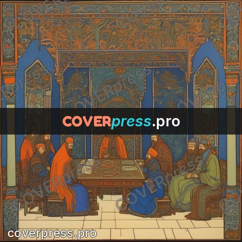 Bilibin style drawing: feast at a long table