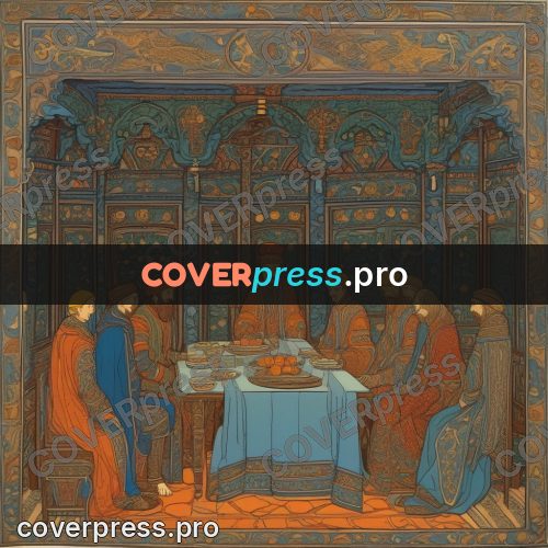 Bilibin style drawing: feast at a long table