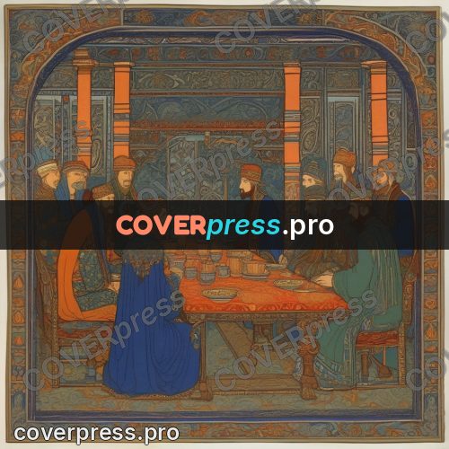 Bilibin style drawing: feast at a long table