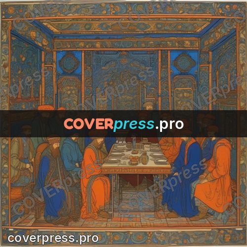 Bilibin style drawing: feast at a long table